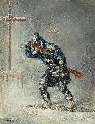 Cornelius Krieghoff 'Snowshoeing Home in a Blizzard' oil on canvas